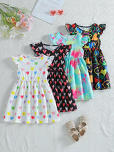 4pcs/Set Girls Casual Cute Heart Tie-Dye Digital Print Cap Sleeve Cinched Waist 4pcs Dress Set, Summer
